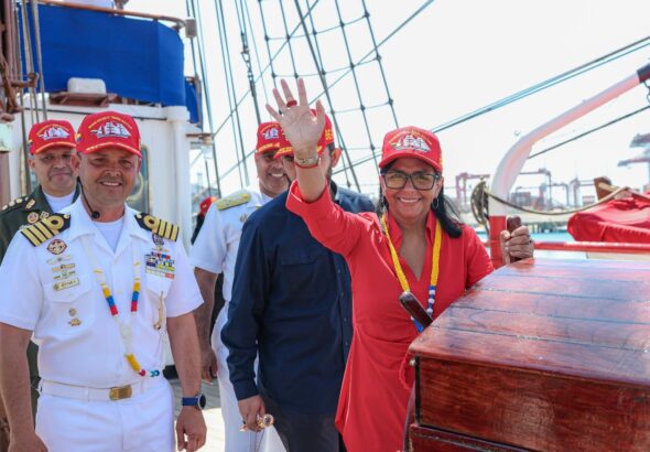 The acting president of Venezuela, Delcy Rodríguez, on board the training sailing ship Simón Bolívar at La Guaira port, March 21, 2026. Photo: Presidential Press.
