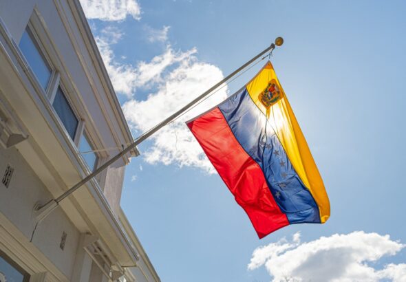 The Venezuelan flag flies on the Venezuelan ambassador's resident in Washington DC, March 28, 2026. Photo: X/@OliverBlanco.