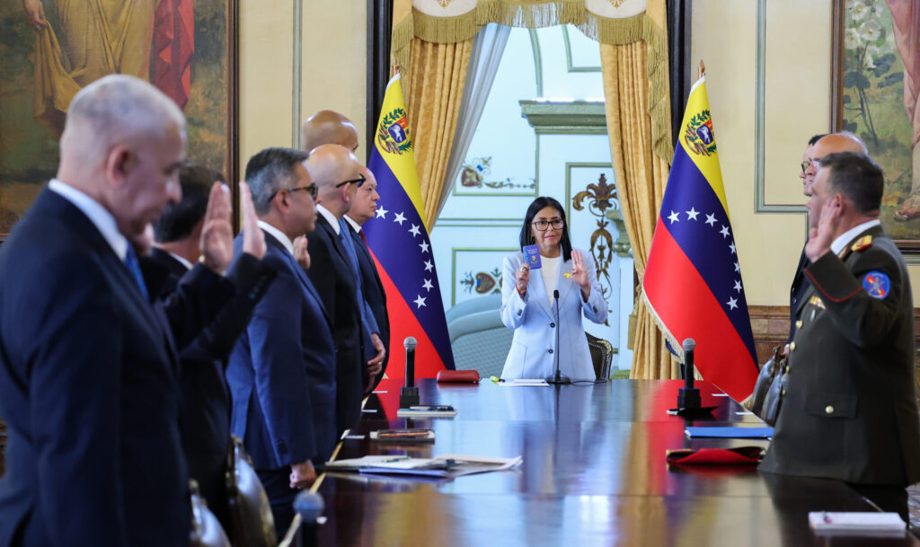 Acting president of Venezuela, Delcy Rodríguez, during the swearing-in ceremony for new appointed ministers, held in Miraflores Palace, Caracas, on Thursday, March 19, 2026. Photo: Venezuelan Presidential Press.