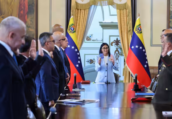 Acting president of Venezuela, Delcy Rodríguez, during the swearing-in ceremony for new appointed ministers, held in Miraflores Palace, Caracas, on Thursday, March 19, 2026. Photo: Venezuelan Presidential Press.