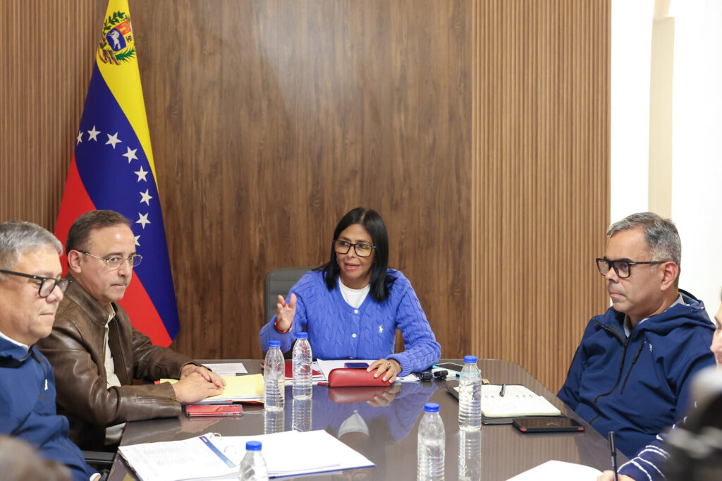 Venezuelan Acting President Delcy Rodríguez during a working meeting with her public infrastructure cabinet to design an energy-saving plan at Miraflores Palace on Saturday, March 21, 2026. Photo: Venezuelan Presidential Press.