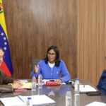 Venezuelan Acting President Delcy Rodríguez during a working meeting with her public infrastructure cabinet to design an energy-saving plan at Miraflores Palace on Saturday, March 21, 2026. Photo: Venezuelan Presidential Press.