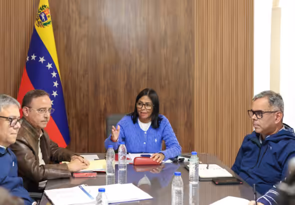 Venezuelan Acting President Delcy Rodríguez during a working meeting with her public infrastructure cabinet to design an energy-saving plan at Miraflores Palace on Saturday, March 21, 2026. Photo: Venezuelan Presidential Press.