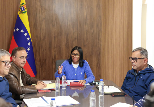 Venezuelan Acting President Delcy Rodríguez during a working meeting with her public infrastructure cabinet to design an energy-saving plan at Miraflores Palace on Saturday, March 21, 2026. Photo: Venezuelan Presidential Press.