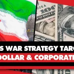 A visual composition featuring the flag of Iran on one side and US currency on the other side, and text saying that Iran's war strategy targets the US dollar and corporations. Photo: Geopolitical Economy Report.