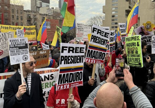 Protesters in New York demanding the release of Venezuelan President Nicolás Maduro and his wife, Deputy Cilia Flores, on Thursday, March 26, 2026. Photo: Joshua Deckert/Spectrum News NY1.