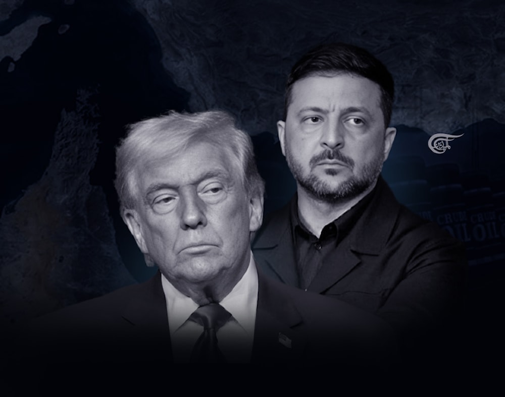 US President Donald Trump and Ukrainian President Volodymyr Zelensky. Illustration: Zeinab el-Hajj/Al-Mayadeen English.