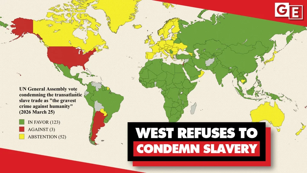 UN General Assembly vote condemning the transatlantic slave trade as the "gravest crime against humanity," March 25, 2026. Photo: Geopolitical Economy Report.