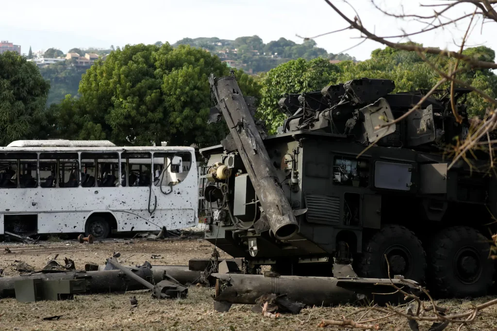 Vehicles and missile launcher at La Carlota military air base in Caracas, destroyed after the US bombing of Venezuela on January 3, 2026. Photo: Leonardo Fernandez Viloria/Reuters/file photo.