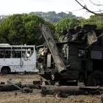 Vehicles and missile launcher at La Carlota military air base in Caracas, destroyed after the US bombing of Venezuela on January 3, 2026. Photo: Leonardo Fernandez Viloria/Reuters/file photo.