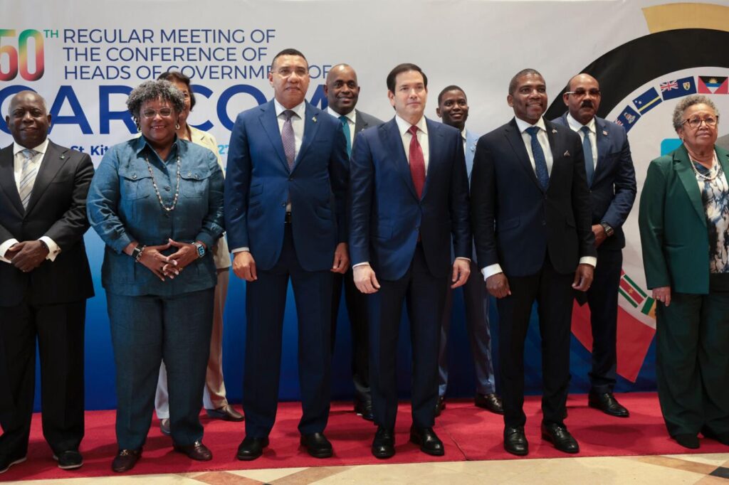 US Secretary of State Marco Rubio (center) poses for a group photo with government officials attending the Caribbean Community (CARICOM) meeting in Basseterre, Saint Kitts and Nevis, February 25, 2026. Photo: Jonathan Ernst/Reuters.
