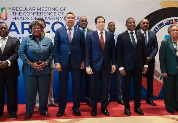 US Secretary of State Marco Rubio (center) poses for a group photo with government officials attending the Caribbean Community (CARICOM) meeting in Basseterre, Saint Kitts and Nevis, February 25, 2026. Photo: Jonathan Ernst/Reuters.