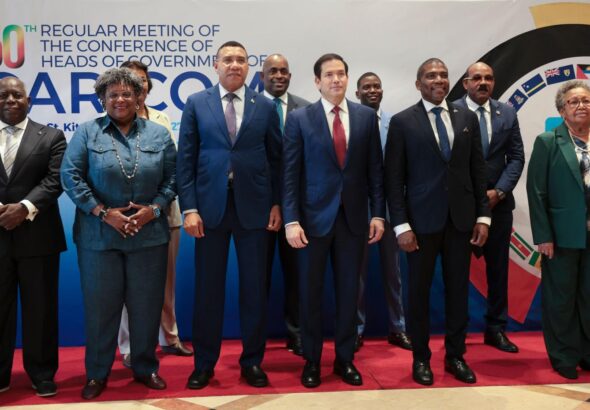 US Secretary of State Marco Rubio (center) poses for a group photo with government officials attending the Caribbean Community (CARICOM) meeting in Basseterre, Saint Kitts and Nevis, February 25, 2026. Photo: Jonathan Ernst/Reuters.