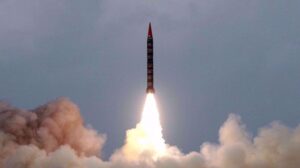 A Hatf-VI (Shaheen-II) missile takes off during a test flight from an undisclosed location in Pakistan. Photo: Reuters.