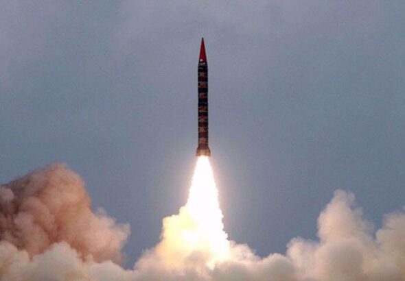 A Hatf-VI (Shaheen-II) missile takes off during a test flight from an undisclosed location in Pakistan. Photo: Reuters.