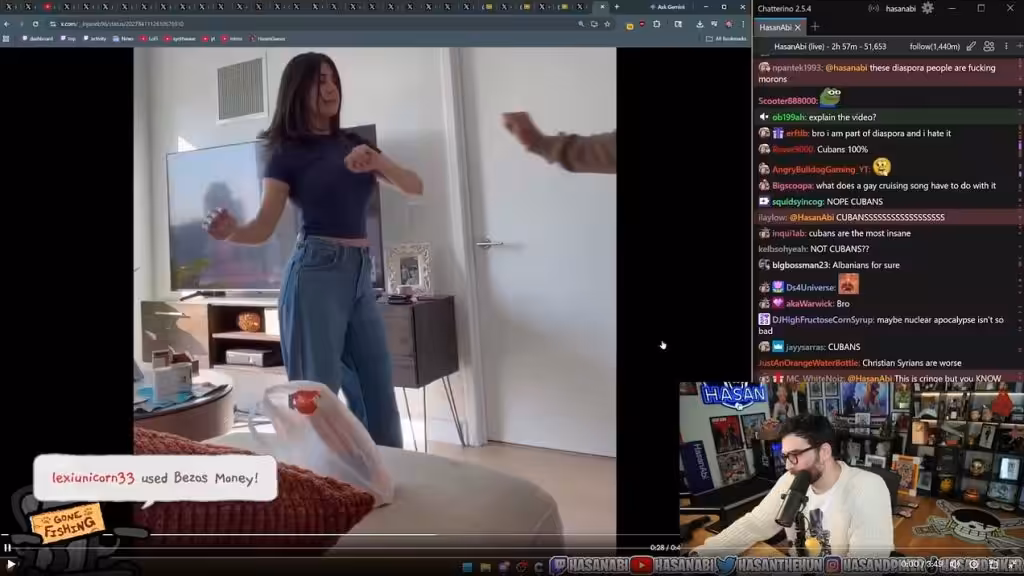 Hasan expresses bafflement at people dancing while Iran is being bombed. Photo: X/@HasanabiProd/screenshot.