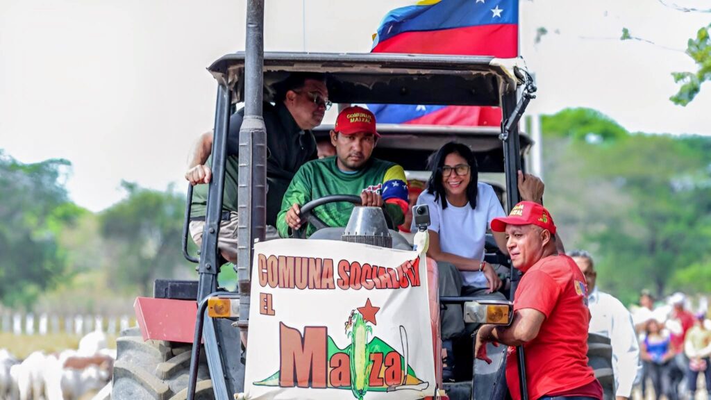 Venezuelan Acting President Delcy Rodríguez rides a tractor during her visit to the renowned El Maizal Commune in Lara state, March 6, 2026. Photo: Venezuelan Presidential Press.