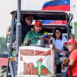 Venezuelan Acting President Delcy Rodríguez rides a tractor during her visit to the renowned El Maizal Commune in Lara state, March 6, 2026. Photo: Venezuelan Presidential Press.