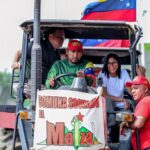 Venezuelan Acting President Delcy Rodríguez rides a tractor during her visit to the renowned El Maizal Commune in Lara state, March 6, 2026. Photo: Venezuelan Presidential Press.