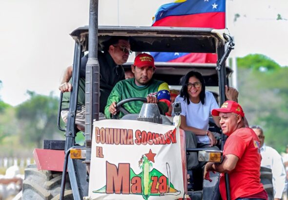 Venezuelan Acting President Delcy Rodríguez rides a tractor during her visit to the renowned El Maizal Commune in Lara state, March 6, 2026. Photo: Venezuelan Presidential Press.