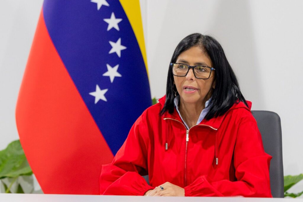 Venezuelan Acting President Delcy Rodriguez issues statements during a meeting at Miraflores Palace on Monday, March 16, 2026. Photo: Venezuelan Presidential Press.