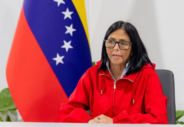 Venezuelan Acting President Delcy Rodriguez issues statements during a meeting at Miraflores Palace on Monday, March 16, 2026. Photo: Venezuelan Presidential Press.
