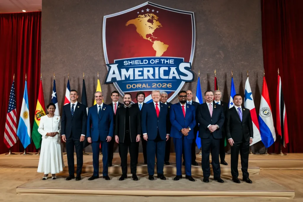 Leaders pose for a group photo at the Shield of the Americas summit on March 7, 2026, in Miami, Florida. Photo: White House/Daniel Torok.