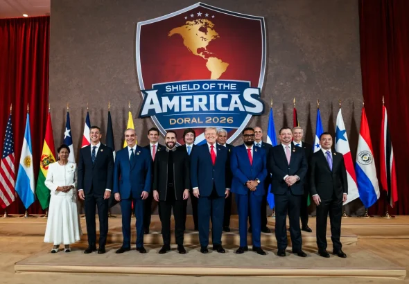 Leaders pose for a group photo at the Shield of the Americas summit on March 7, 2026, in Miami, Florida. Photo: White House/Daniel Torok.
