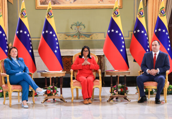 Venezuelan Acting President Delcy Rodríguez leading the signing ceremony of oil agreements with BP on Wednesday, April 29, 2026. Photo: Venezuelan Presidential Press.