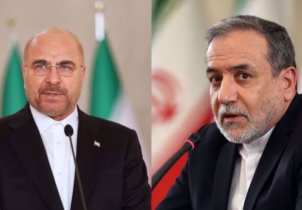 Iran's Foreign Minister Abbas Araghchi (right), and Parliament Speaker Mohammad Baqer Qalibaf. Photo: PressTV/File photo.