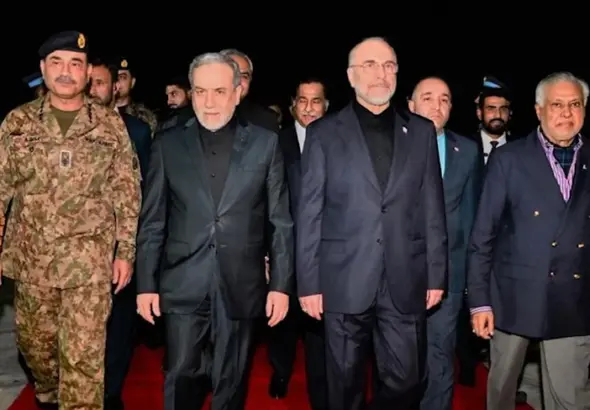 Iran's Parliament Speaker Ghalibaf and ForeignMinister Araghchi are greeted by Pakistan Foreign Minister Ishaq Dar and Army Chief Asim Munir at Nur Khan airbase in Rawalpindi, Pakistan, April 11, 2026. Photo: Pakistan Ministry of Foreign Affairs/AP.