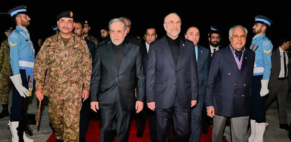 Iran's Parliament Speaker Ghalibaf and ForeignMinister Araghchi are greeted by Pakistan Foreign Minister Ishaq Dar and Army Chief Asim Munir at Nur Khan airbase in Rawalpindi, Pakistan, April 11, 2026. Photo: Pakistan Ministry of Foreign Affairs/AP.