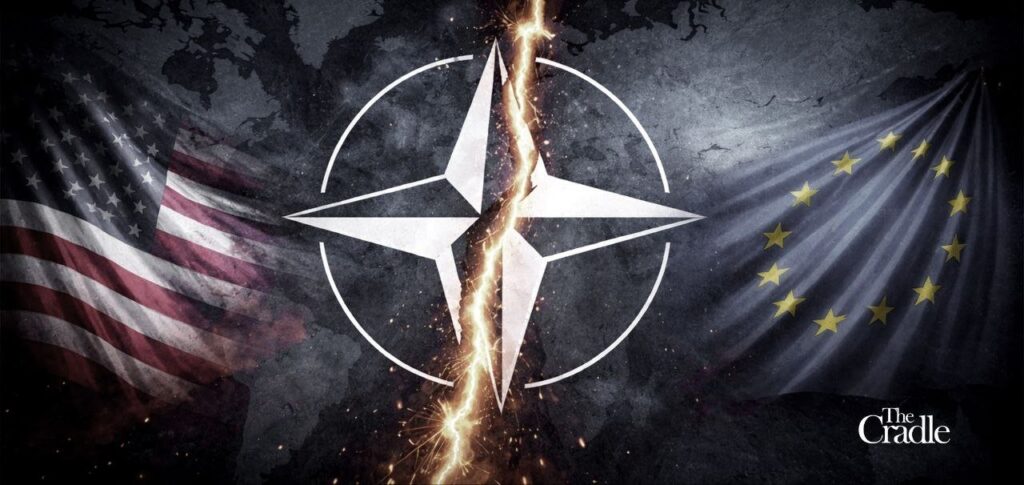 A symbolic representation of the North Atlantic Treaty Organization (NATO), positioned between the United States and European Union flags, with a prominent split down the center. Photo: The Cradle.
