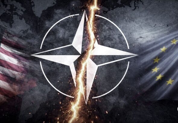 A symbolic representation of the North Atlantic Treaty Organization (NATO), positioned between the United States and European Union flags, with a prominent split down the center. Photo: The Cradle.