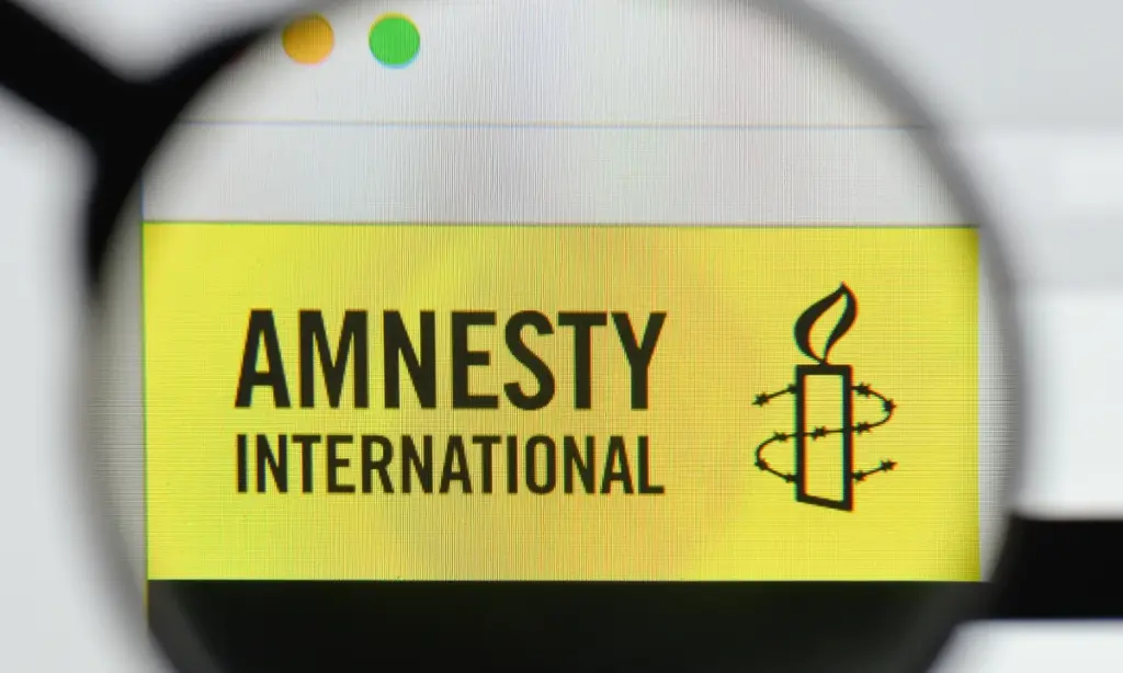 An Amnesty International logo seen through a magnifier. Photo: Casimiro/Alamy/file photo.