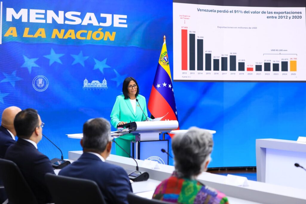 The acting president of Venezuela, Delcy Rodríguez, addresses the nation regarding the economic situation on April 8, 2026. Photo: Presidency of Venezuela.