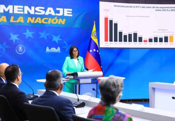 The acting president of Venezuela, Delcy Rodríguez, addresses the nation regarding the economic situation on April 8, 2026. Photo: Presidency of Venezuela.