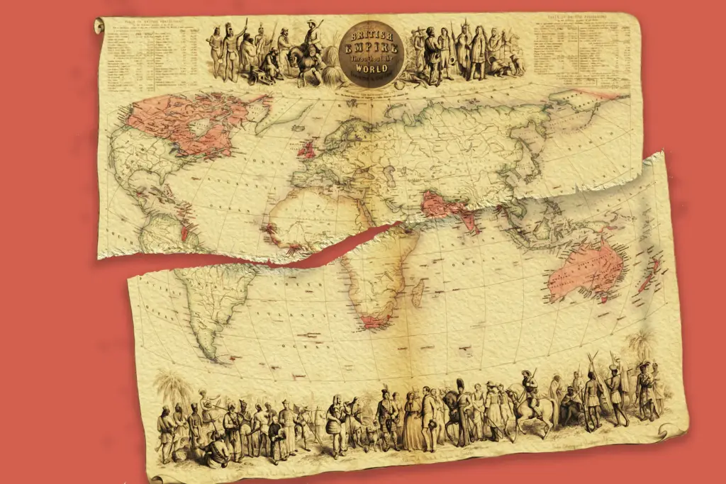 A photo montage of a 19th-century propaganda map—torn in half—titled "British Empire throughout the World Exhibited in One View," created by John Bartholomew Jr.. The map illustrates the global extent of British-occupied territories (shaded in red) during the mid-Victorian era. Photo: Chiqui Esteban/The Washington Post.