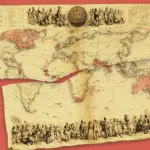 A photo montage of a 19th-century propaganda map—torn in half—titled "British Empire throughout the World Exhibited in One View," created by John Bartholomew Jr.. The map illustrates the global extent of British-occupied territories (shaded in red) during the mid-Victorian era. Photo: Chiqui Esteban/The Washington Post.