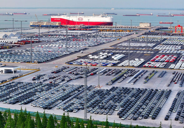 Chinese EVs at the Suzhou Port, awaiting carriers for export. Photo: Facebook/Xi's Moments.