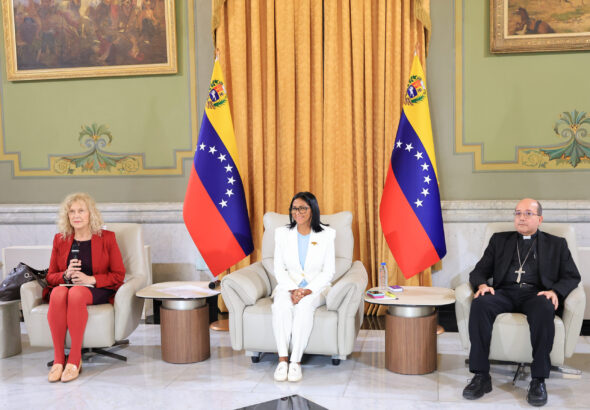Venezuelan acting president Delcy Rodriguez during a meeting with the Interreligious Forum of Venezuela at Miraflores Palace, Caracas, on Tuesday, April 7, 2026. Photo: Venezuelan Presidential Office.
