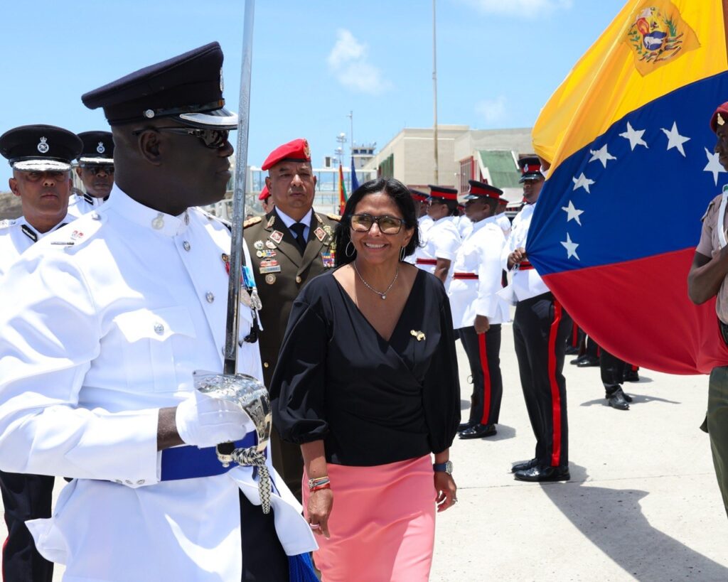 Venezuelan Acting President Delcy Rodriguez during the ceremony to receive her upon arrival at the Maurice Bishop International Airport in St. George’s, Grenada, in her first international state visit, on April 9, 2026. Photo: Venezuelan Presidential Press.