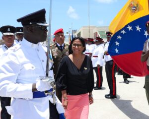 Venezuelan Acting President Delcy Rodriguez during the ceremony to receive her upon arrival at the Maurice Bishop International Airport in St. George’s, Grenada, in her first international state visit, on April 9, 2026. Photo: Venezuelan Presidential Press.