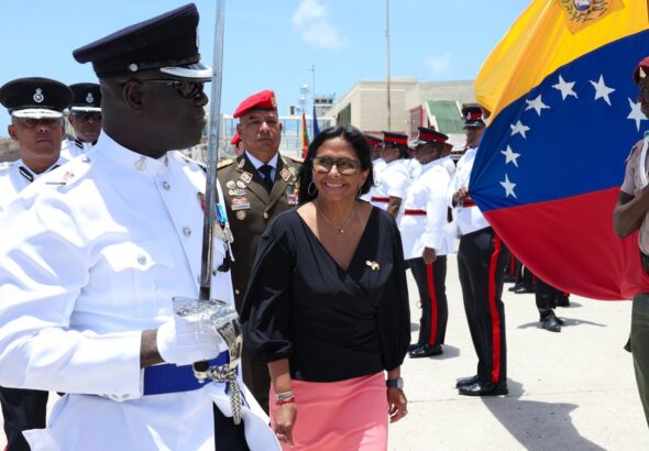 Venezuelan Acting President Delcy Rodriguez during the ceremony to receive her upon arrival at the Maurice Bishop International Airport in St. George’s, Grenada, in her first international state visit, on April 9, 2026. Photo: Venezuelan Presidential Press.