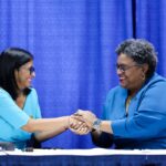 Barbadian Prime Minister Mia Mottley and Venezuelan Acting President Delcy Rodriguez shake hands during the joint press release they held on Monday, April 27, 2026. Photo: Venezuelan Presidential Press.