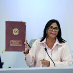Venezuelan Acting President Delcy Rodríguez signs the newly passed Organic Law of Mining at Miraflores Palace, Caracas, on Thursday, April 16, 2026. Photo: Presidential Press.