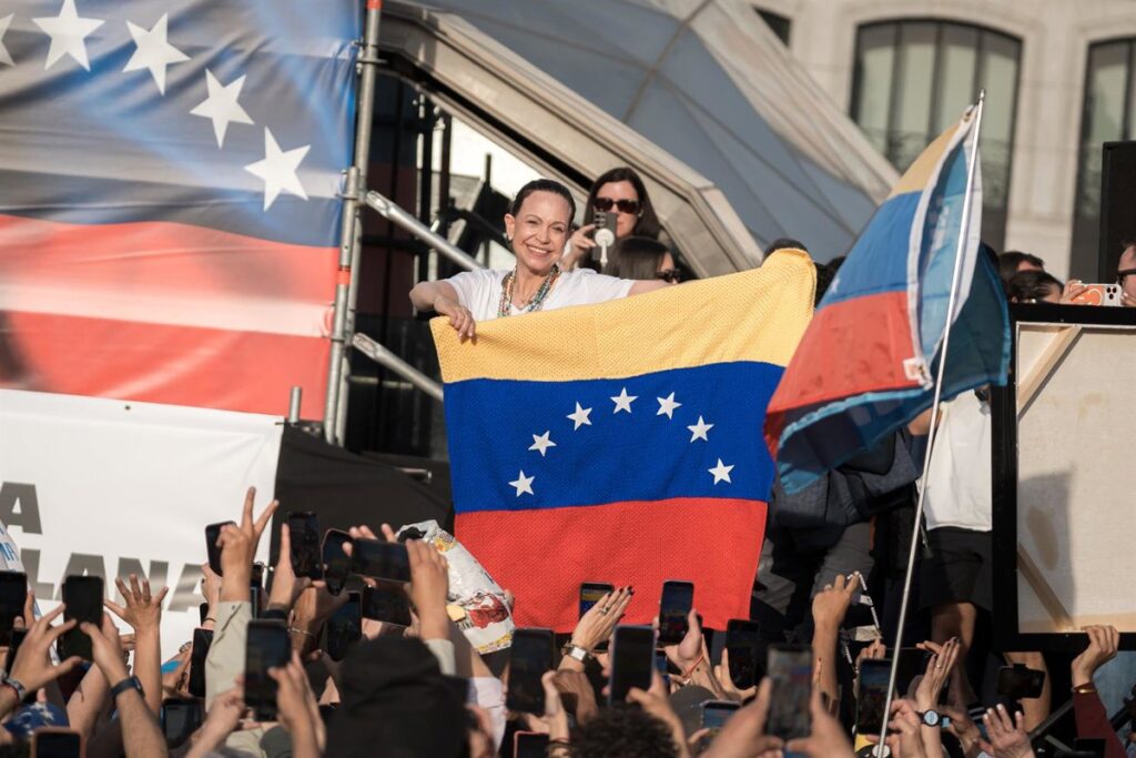 Venezuelan far-right politician Maria Corina Machado during a rally in Madrid on Saturday, April 18, 2026, when the audience chanted racist slogans against Venezuelan Acting President Delcy Rodriguez. Photo: Diego Radamés/Europa Press.