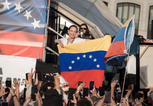 Venezuelan far-right politician Maria Corina Machado during a rally in Madrid on Saturday, April 18, 2026, when the audience chanted racist slogans against Venezuelan Acting President Delcy Rodriguez. Photo: Diego Radamés/Europa Press.