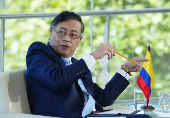 Colombian president Gustavo Petro during the program "Breakfast with RTVE and EFE News Agency" in Barcelona, Spain, on 17 April 2026. Photo: Alejandro García/EFE.