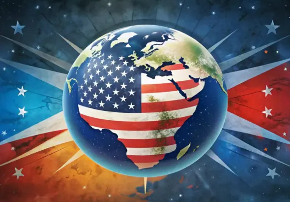 US flag covering the globe, indicating US hegemony over the world. Illustration: New Eastern Outlook.